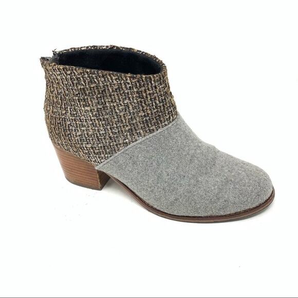 Toms Leila Grey Wool Felt Metallic Boucle Booties Size 8 Back Zip Ankle Boots - Picture 1 of 7